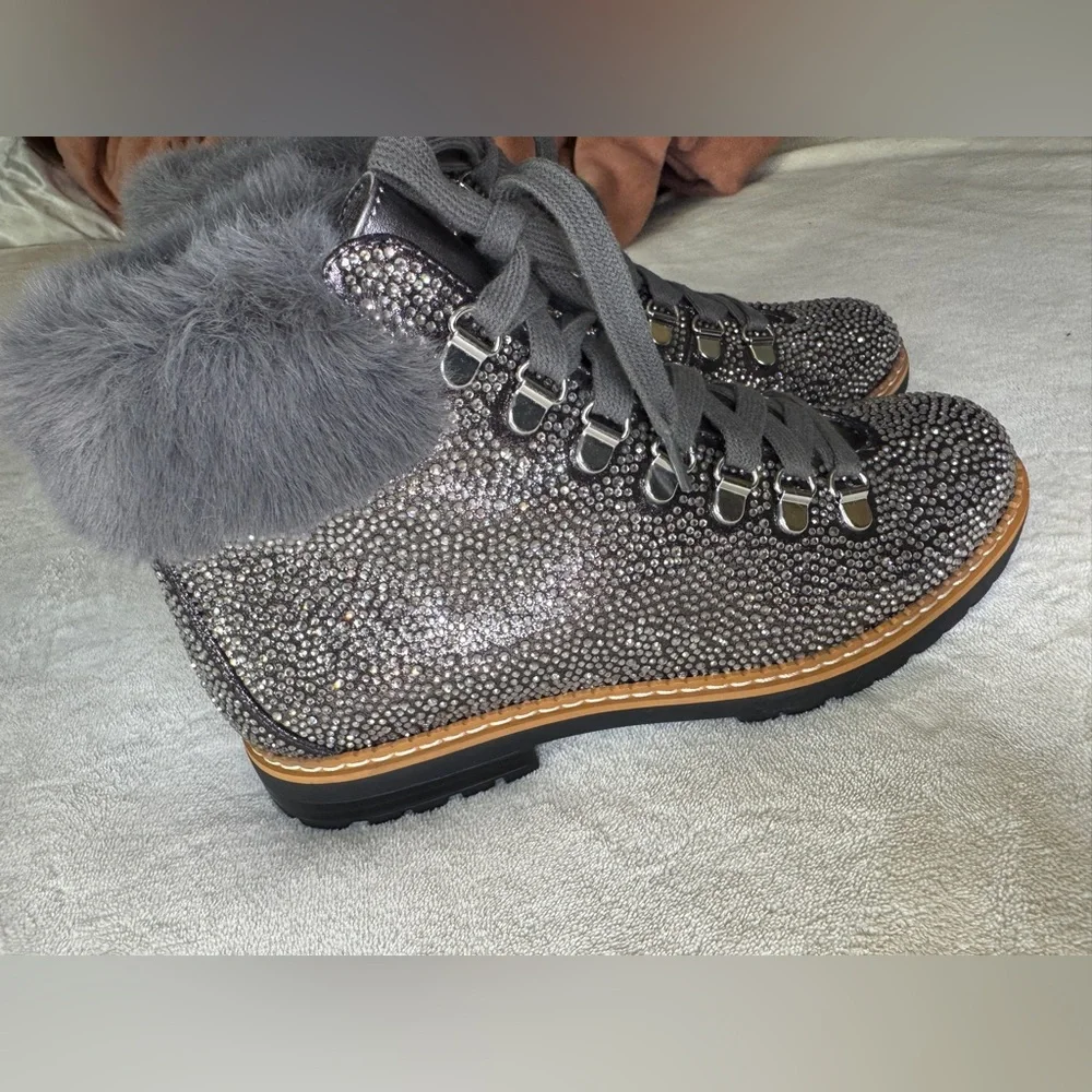 INC Women's Gray Fur-Trimmed Ankle Boots